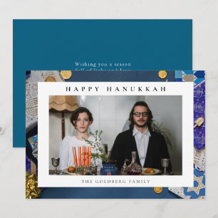 Elegante Blauwe Gelukkig Hanukkah Familie 1 Foto Feestdagenkaart
