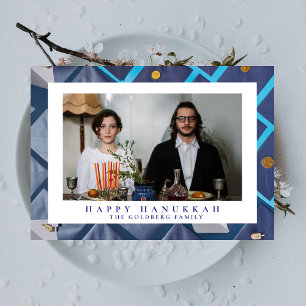 Elegante Blauwe Gelukkig Hanukkah Familie 1 Foto Feestdagenkaart