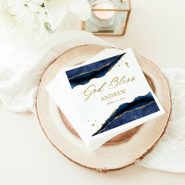 Elegante blauwe geode met gouden kruis | Doopfeest Servet