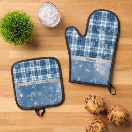 Elegante Blauwe Geruite Persoonlijke Aanpassing  Ovenwant & Pannenlap Set