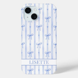 Elegante blauwe gestreepte Coquette linten met mon iPhone 15 Case
