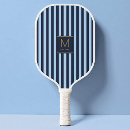 Elegante Blauwe Gestreepte Moderne Gouden Initiaal Pickleball Paddle