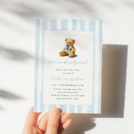 Elegante blauwe gestreepte teddybeer baby shower kaart