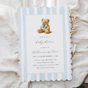 Elegante blauwe gestreepte teddybeer babyshower kaart