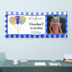 Elegante Blauwe Gingham Glitter Ballonnen 1e Verja Spandoek