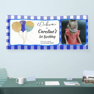 Elegante Blauwe Gingham Glitter Ballonnen 1e Verja Spandoek