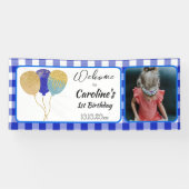 Elegante Blauwe Gingham Glitter Ballonnen 1e Verja Spandoek (Horizontaal)