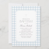 Elegante Blauwe Gingham Kruis Jongens Doop Kaart (Voorkant)