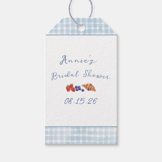 Elegante Blauwe Gingham Zomer Brunch Bruidsborrel Cadeaulabel (Voorkant)