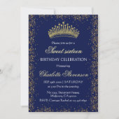 Elegante blauwe Glitter Gold Crown Sweet 16 Verjaa Kaart (Voorkant)