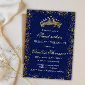 Elegante blauwe Glitter Gold Crown Sweet 16 Verjaa Kaart