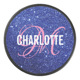 Elegante blauwe glitter monogram naam hockey puck
