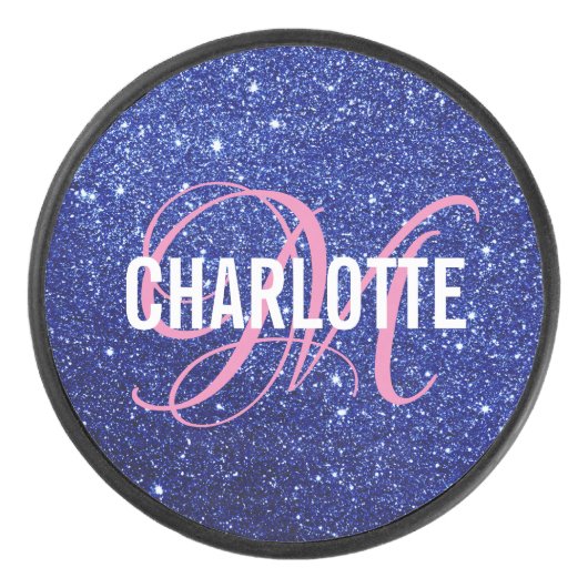 Elegante blauwe glitter monogram naam hockey puck (Voorkant)