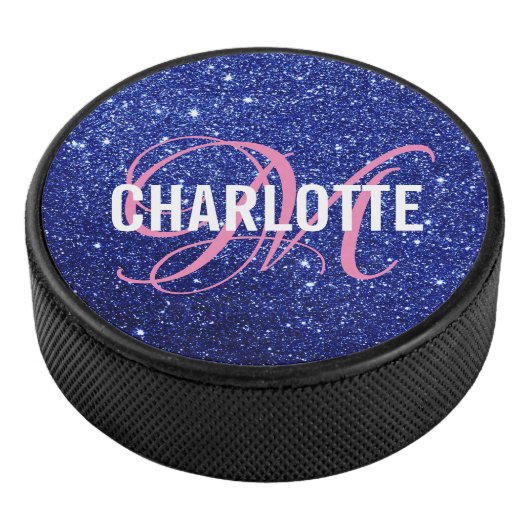 Elegante blauwe glitter monogram naam hockey puck (3/4)