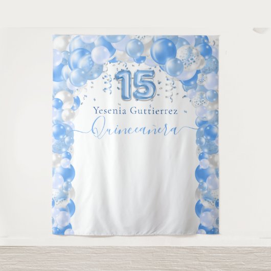 Elegante Blauwe Glitter Quinceañera Ballonboog Wandkleed (Voorkant)