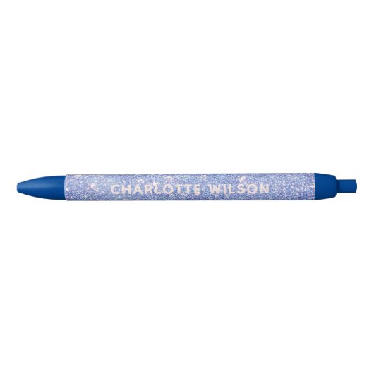 Elegante Blauwe Glitter Script Naam Monogram Zwarte Inkt Pen (Voorkant)
