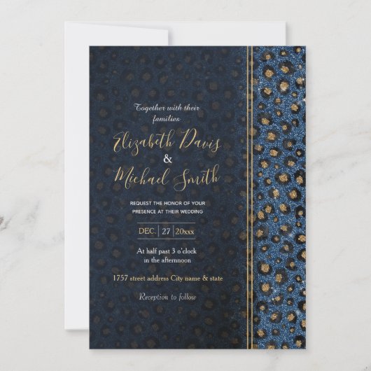 Elegante Blauwe Glitter Zwart Gouden Luipaardprint Kaart (Voorkant)