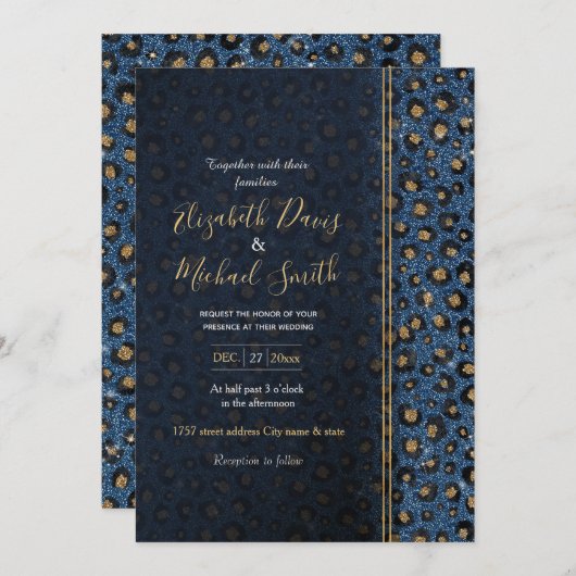 Elegante Blauwe Glitter Zwart Gouden Luipaardprint Kaart (Voorkant / Achterkant)