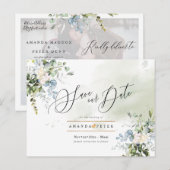 Elegante Blauwe Gom Foliage Save the Date Briefkaart (Voorkant / Achterkant)