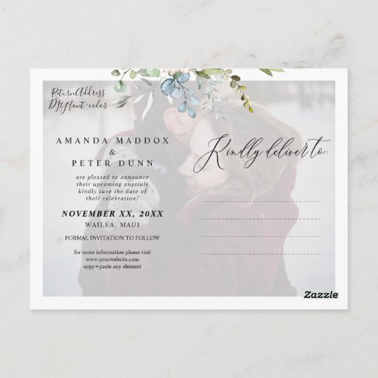 Elegante Blauwe Gom Foliage Save the Date Briefkaart (Achterkant)