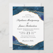 Elegante Blauwe Goud Folie Agate Waterverf Trouwda