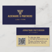 Elegante Blauwe Goud Juridisch QR-code Visitekaartje (Voorkant / Achterkant)