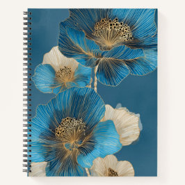 Elegante Blauwe Goud Lijnen Kunst Klaproos Bloemmo Notitieboek