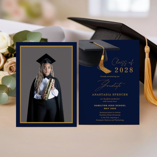 Elegante Blauwe Gouden Afstuderen met Foto Aankondiging