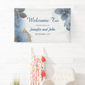 Elegante Blauwe Gouden Bladeren Botanische Trouwda Spandoek (Insitu)