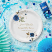 Elegante Blauwe Gouden Bloemen Baby Shower Papieren Bordje (Feest)