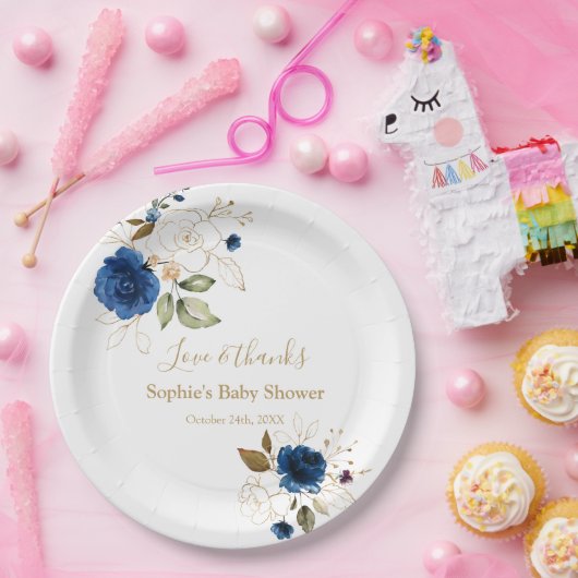 Elegante Blauwe Gouden Bloemen Baby Shower Papieren Bordje (Feest)