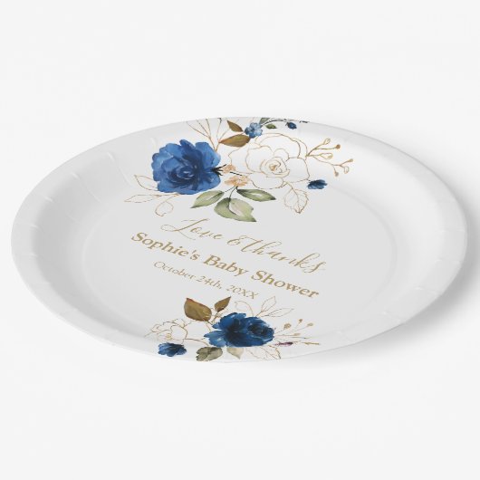 Elegante Blauwe Gouden Bloemen Baby Shower Papieren Bordje (Gekanteld)