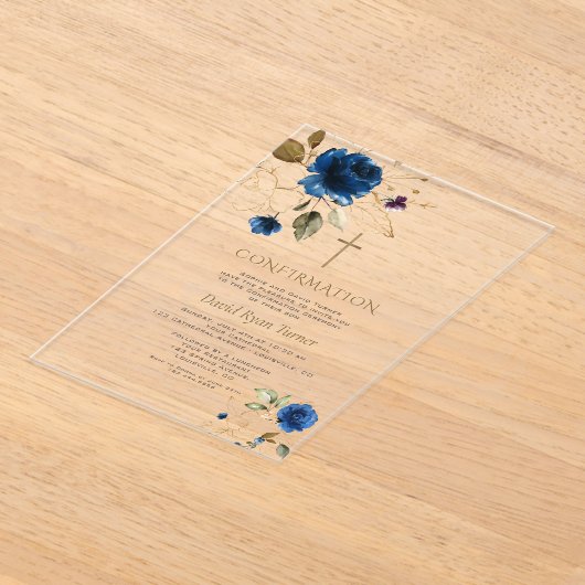 Elegante Blauwe Gouden Bloemen Jongens Bevestiging Acryl Uitnodigingen (Laagn)