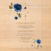 Elegante Blauwe Gouden Bloemen Jongens Bevestiging Acryl Uitnodigingen (Voorkant)