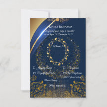 Elegante Blauwe & Gouden Bloemen RSVP Kaart |