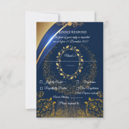 Elegante Blauwe & Gouden Bloemen RSVP Kaart |