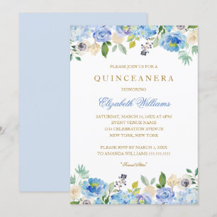 Elegante blauwe gouden bloemige Quinceanera uitnod Kaart