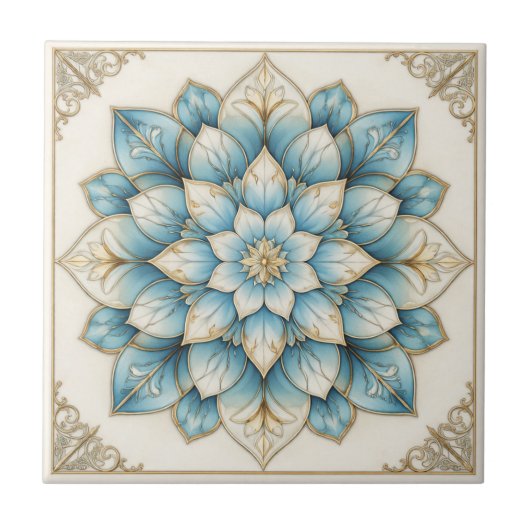 Elegante Blauwe Gouden Bloemrijke Mandala Keramisc Tegeltje (Voorkant)