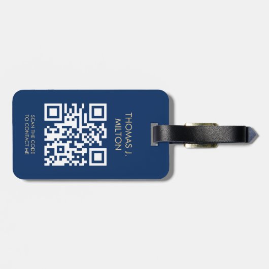 Elegante blauwe gouden bold monogram QR-code Bagagelabel (Achterkant horizontaal)