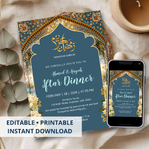 Elegante Blauwe & Gouden Boog Ramadan Iftar-diner Kaart