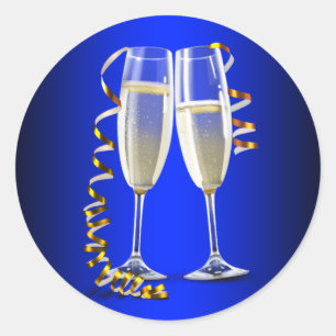 Elegante blauwe gouden champagneglasstickers ronde sticker