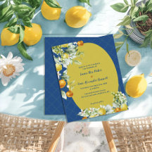 Elegante Blauwe Gouden Citrus Bloemige Trouwuitnod