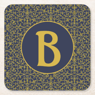 Elegante Blauwe & Gouden Filigraan Monogram Kartonnen Onderzetters