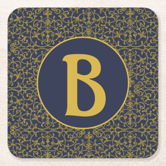 Elegante Blauwe & Gouden Filigraan Monogram Kartonnen Onderzetters (Voorkant)