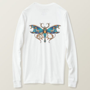 Elegante Blauwe Gouden Filigraan Vlinder Lange Mou T-shirt