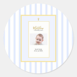 Elegante Blauwe Gouden Foto Doop Ronde Sticker