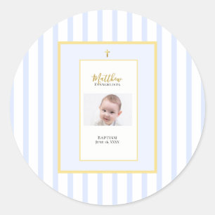 Elegante Blauwe Gouden Foto Doop Ronde Sticker