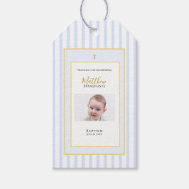 Elegante blauwe gouden foto doopgunst cadeaulabel