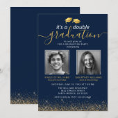 Elegante blauwe gouden gezamenlijke afstudeerfoto kaart (Voorkant / Achterkant)