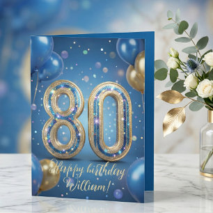 Elegante Blauwe Gouden Glinsterende Ballonnen 80e  Kaart